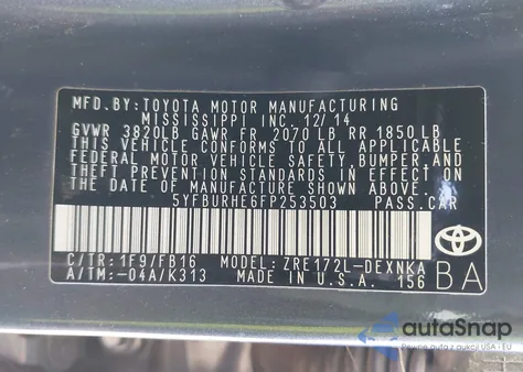 2015 Toyota Corolla Le Plus z USA, uszkodzony, nr VIN 5YFBURHE6FP253503